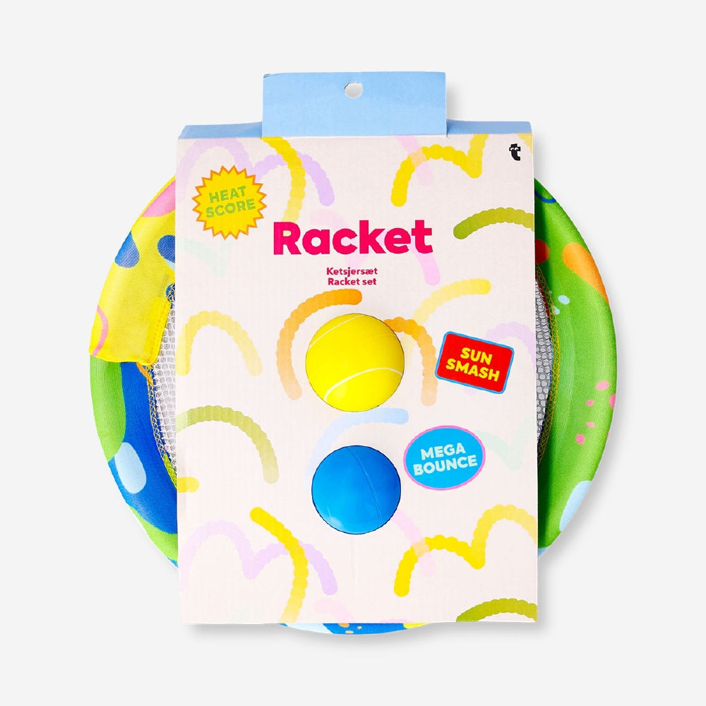 Flying Tiger Copenhagen racket set with balls for outdoor game, includes colorful rackets and balls for active play.