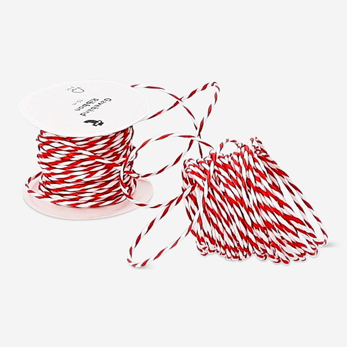 Red and white twisted ribbon from Flying Tiger Copenhagen, 15 meters long, suitable for office crafts and decorations.