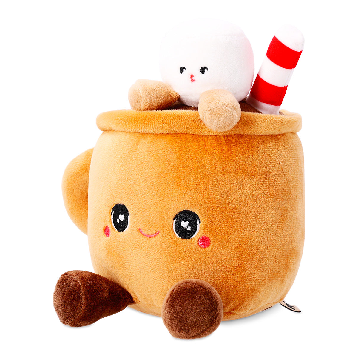 Flying Tiger Copenhagen plush toy in the shape of a hot chocolate mug with a smiling face and cozy design.
