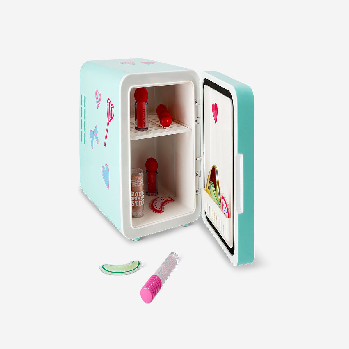 Flying Tiger Copenhagen cosmetics mini fridge with mirror, light, and stickers, measuring 25x25 cm for personal care storage.