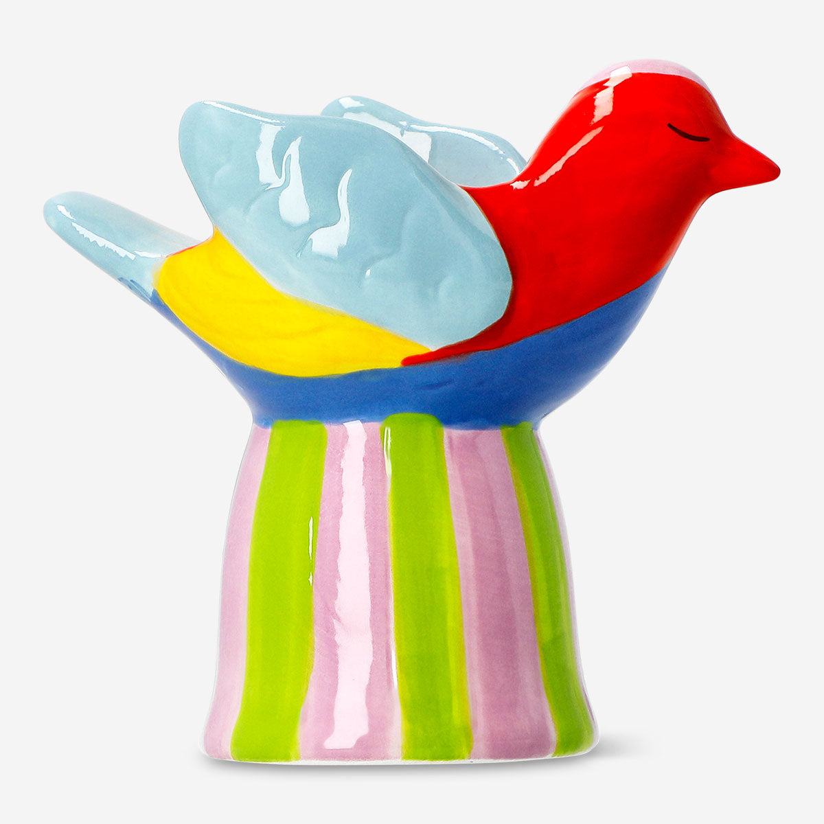 Ceramic bird tealight holder with a striped base, perfect for home decor, by Flying Tiger Copenhagen.