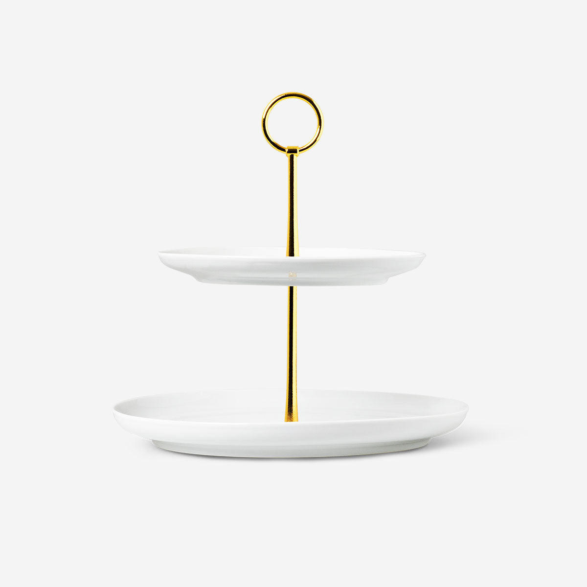 Two-tier Flying Tiger Copenhagen kitchen cake stand with white ceramic plates and metal frame, ideal for serving desserts or snacks.