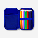 Office pencil case with football design from Flying Tiger Copenhagen, filled with pens and stationery items.