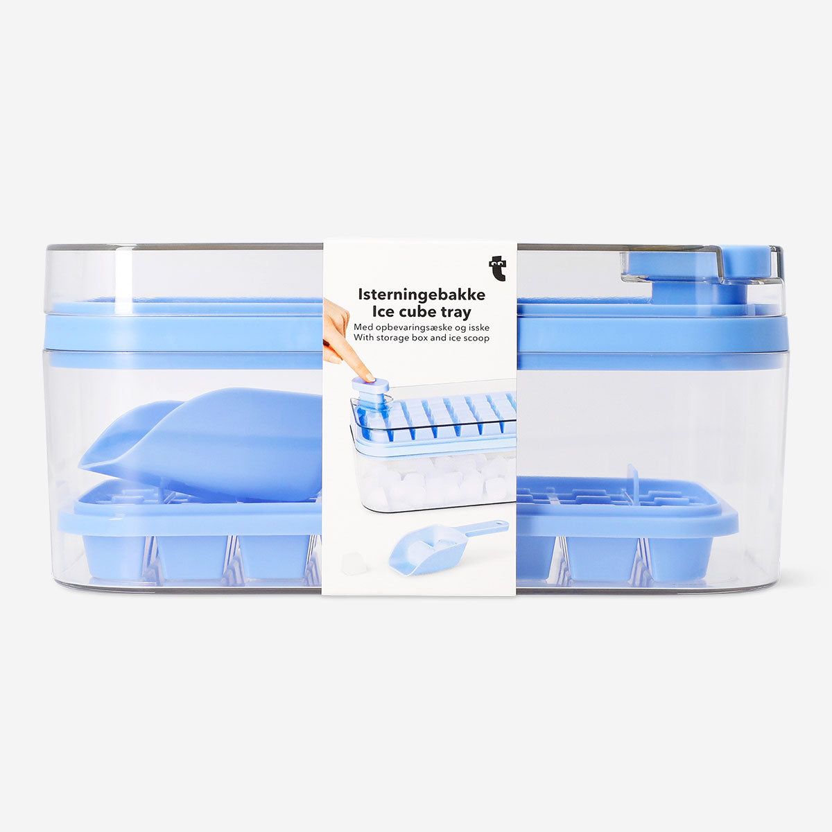 Blue ice cube tray with storage box and ice scoop, kitchen accessory by Flying Tiger Copenhagen, ideal for making and storing ice cubes.