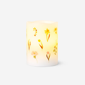 LED pillar candle with flower print, 10 cm tall, from Flying Tiger Copenhagen, designed for home decor and ambient lighting.