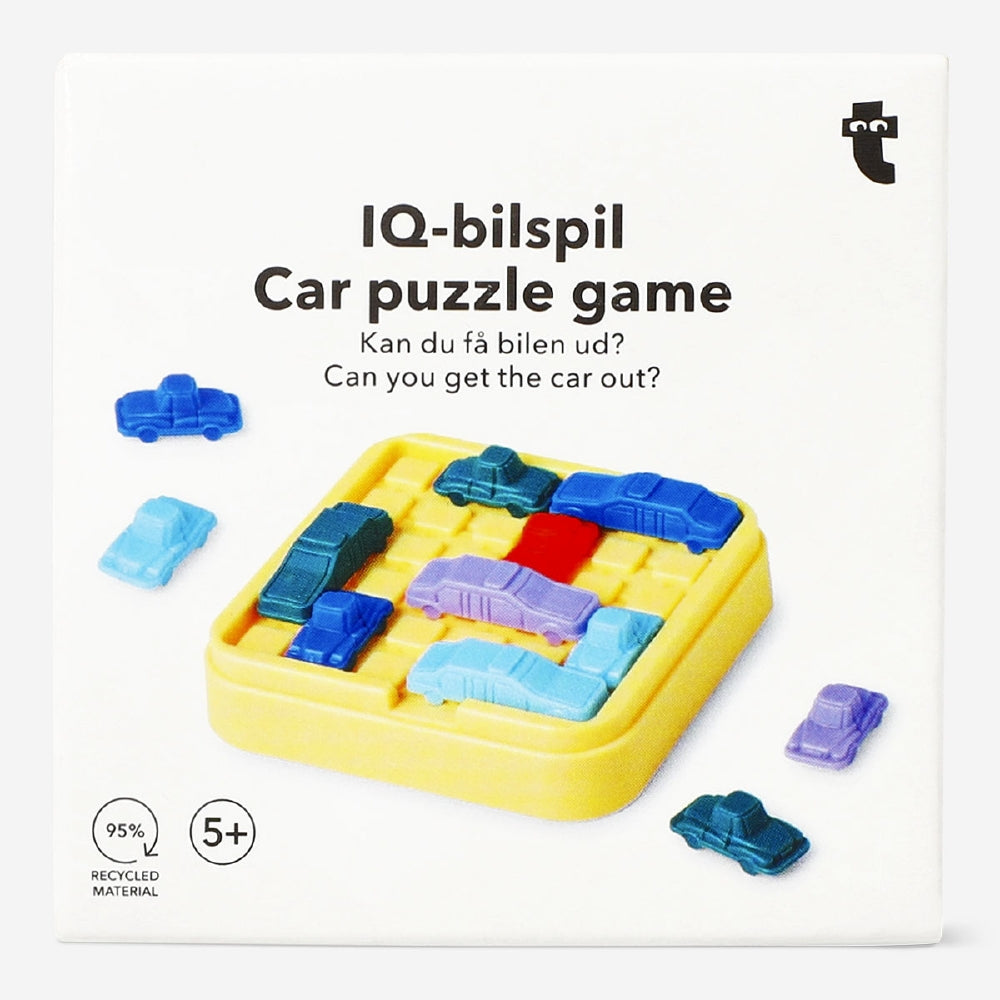 Flying Tiger Copenhagen IQ car puzzle mini game showing colorful wooden pieces and assembled brain-teasing puzzle.