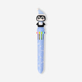 Multi-colored Penguin ballpoint pen by Flying Tiger Copenhagen, featuring vibrant ink colors and playful penguin design.