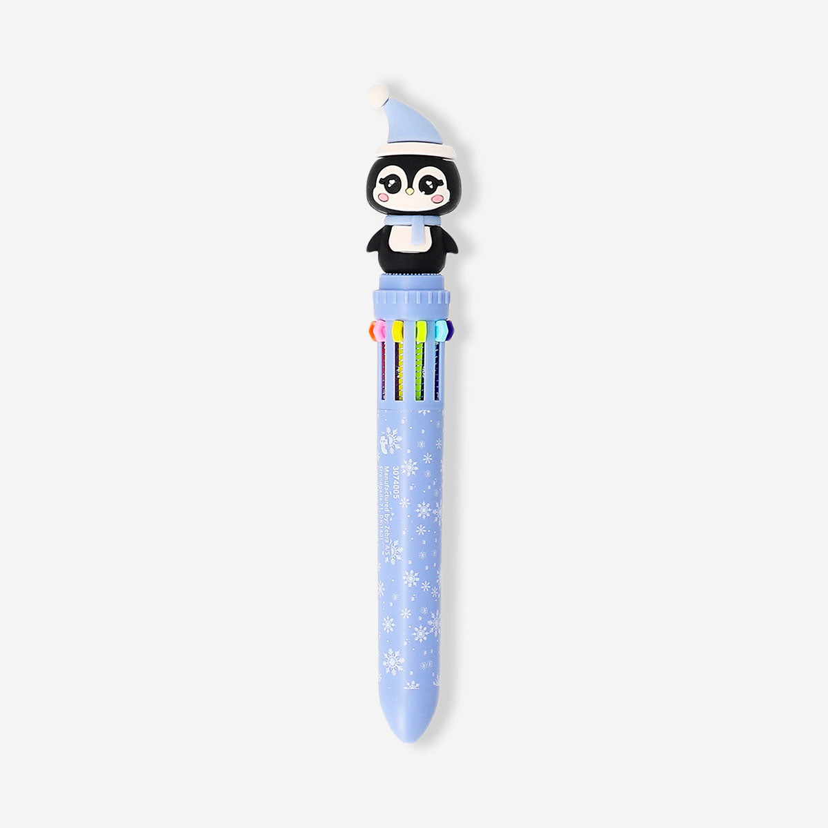 Multi-colored Penguin ballpoint pen by Flying Tiger Copenhagen, featuring vibrant ink colors and playful penguin design.