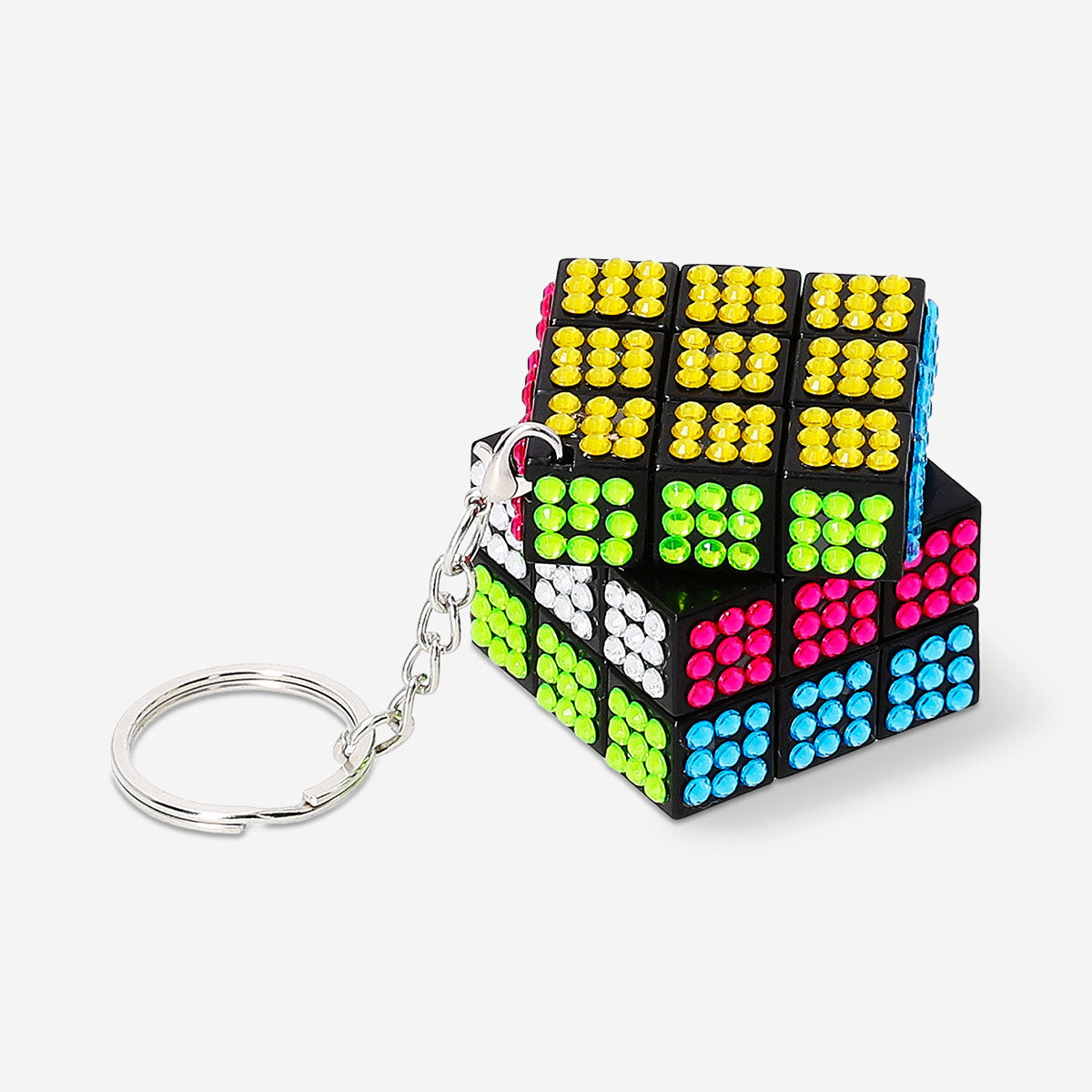 Flying Tiger Copenhagen IQ Cube keyring featuring a mini puzzle game with colorful cube design on a metal keyring.