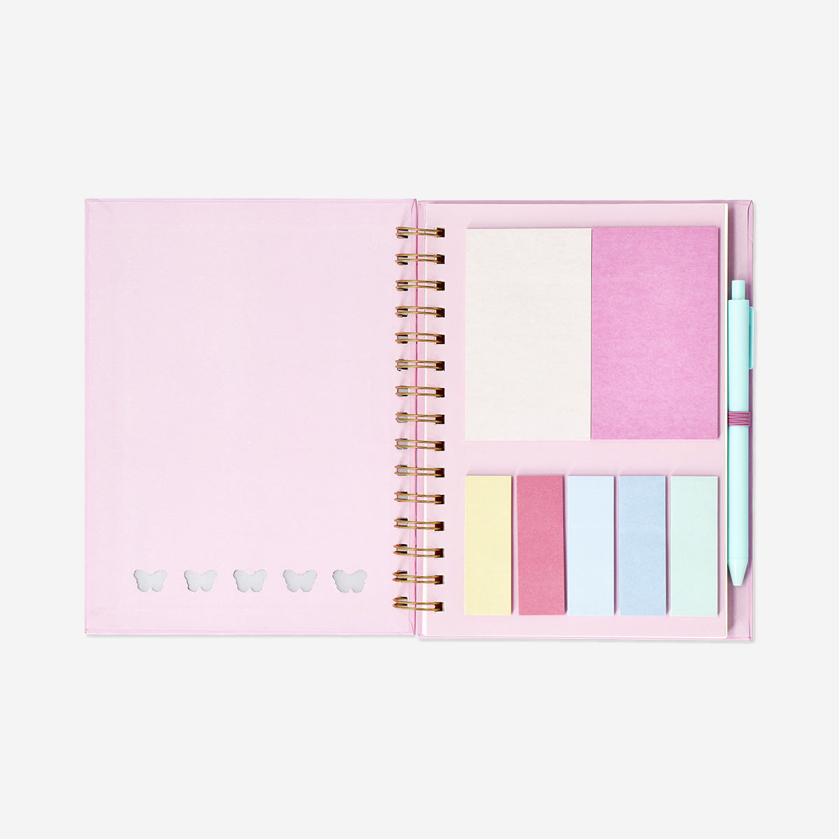 Pink butterfly notebook with pen and sticky memos