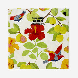 Set of 16 Flying Tiger Copenhagen bird and flower party napkins with colorful floral and bird design, perfect for celebrations.