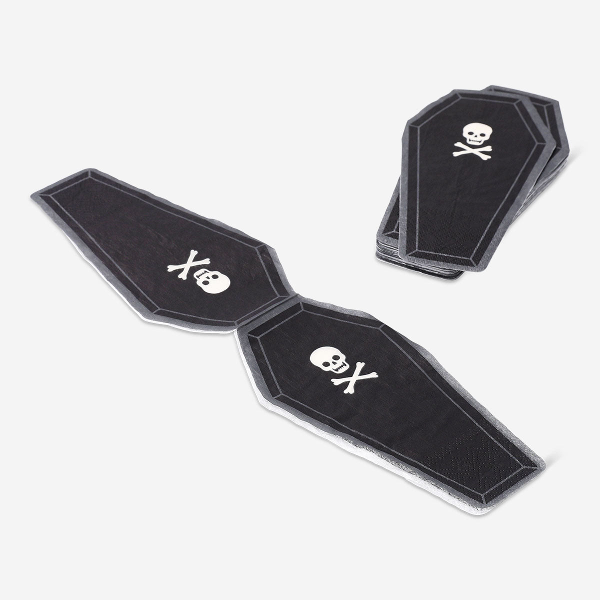 Black coffin-shaped party napkins, set of 16 by Flying Tiger Copenhagen, featuring spooky Halloween-themed design.