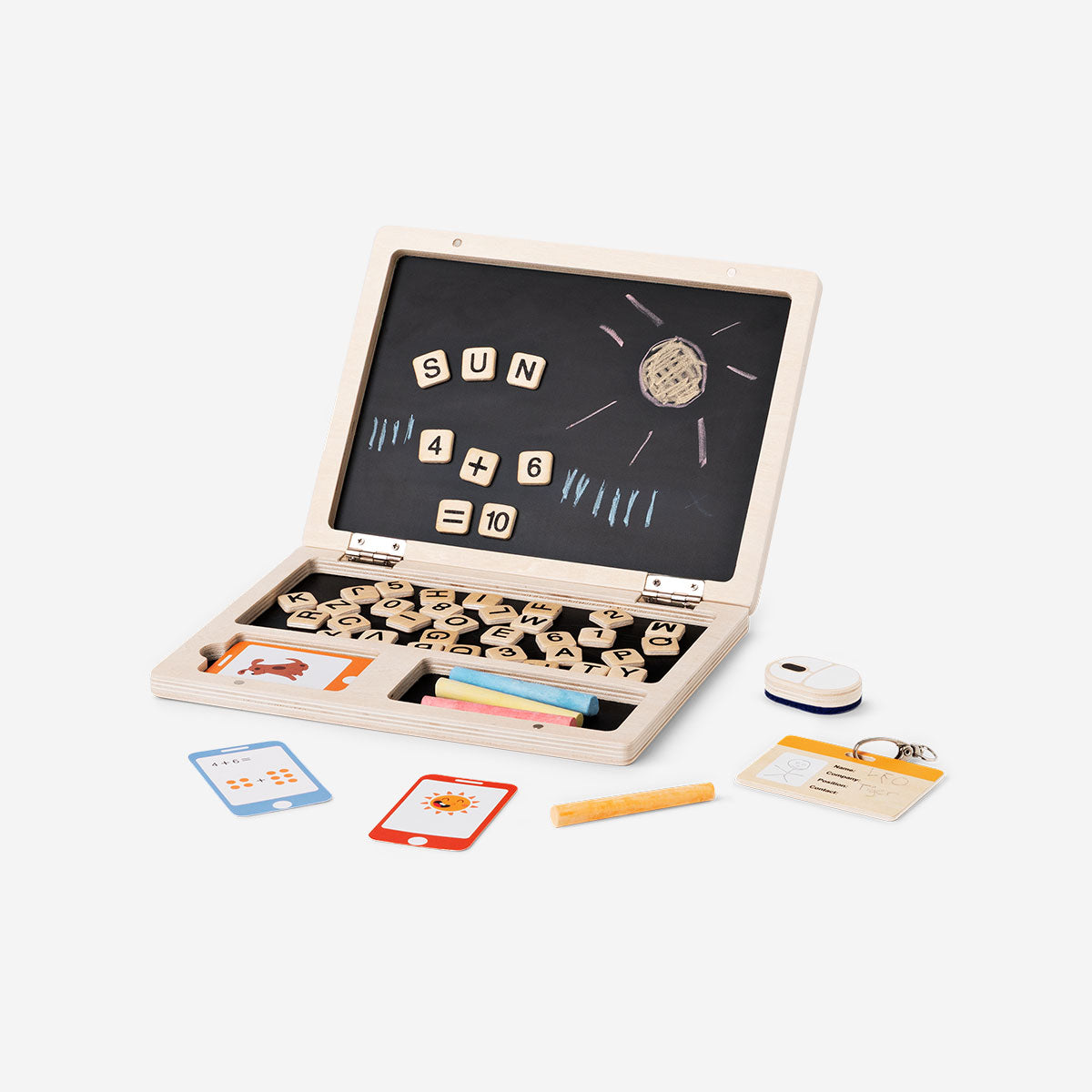 Wooden play computer toy by Flying Tiger Copenhagen with colorful keys and screen, designed for imaginative children's play.