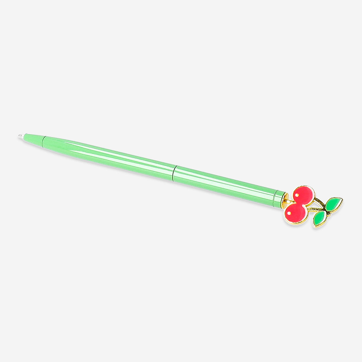Green Flying Tiger Copenhagen ballpoint pen with a cherry-shaped topper for office use, shown on a white background.