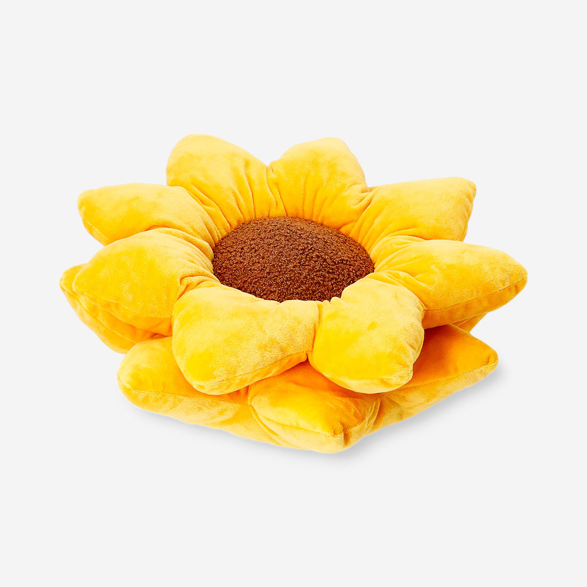 Yellow sunflower cushion from Flying Tiger Copenhagen, 39 cm, soft fabric with bright sunflower design for home decor.
