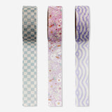 Three colorful hobby paper tapes from Flying Tiger Copenhagen, shown in a close-up image with patterned designs.