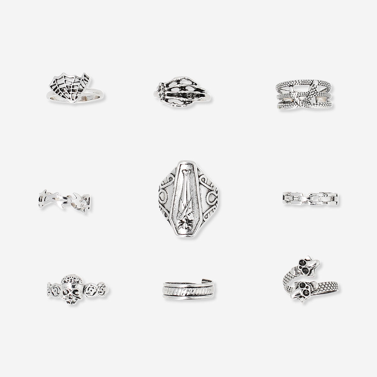 Set of nine Gothic textile rings from Flying Tiger Copenhagen featuring adjustable designs and intricate gothic patterns.