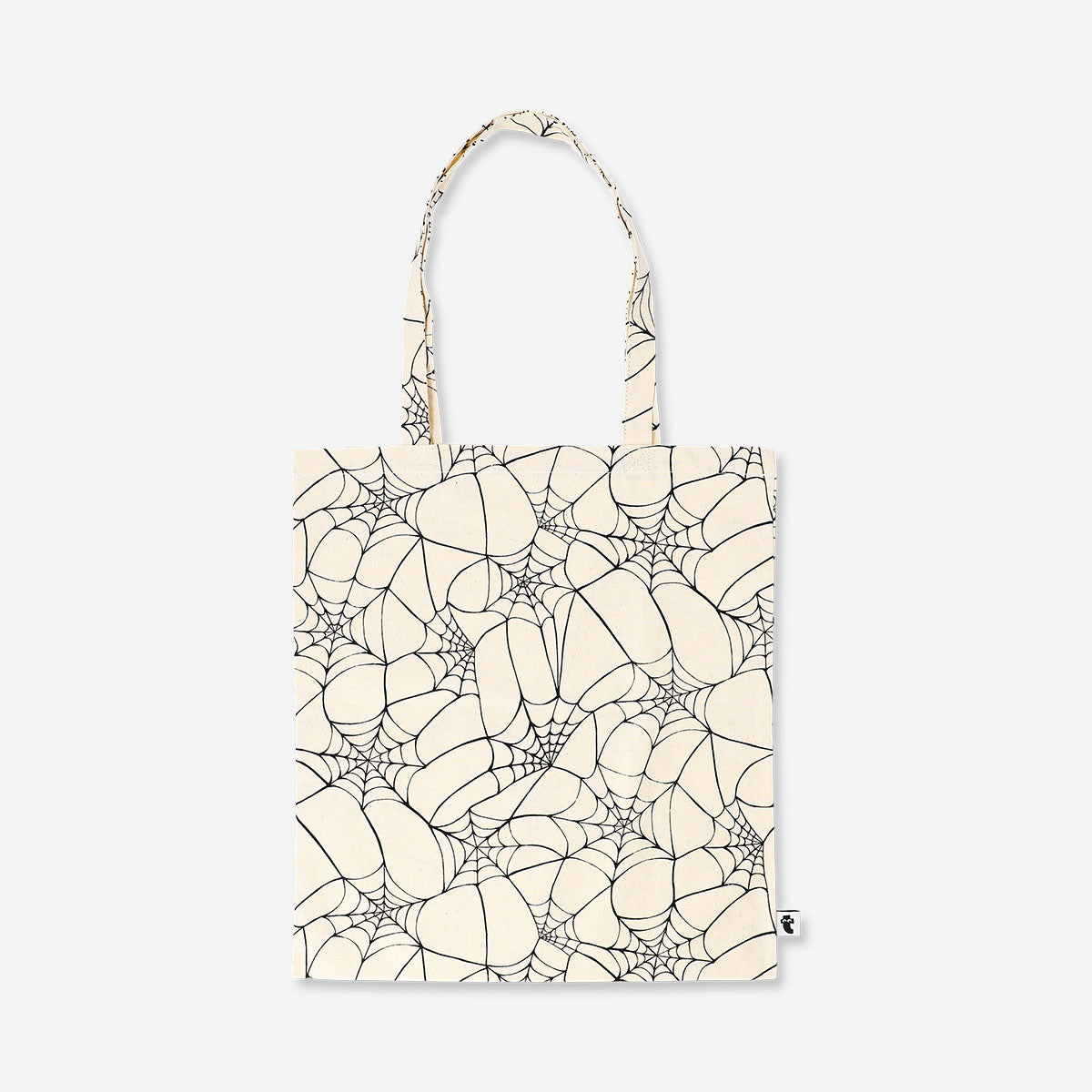 Flying Tiger Copenhagen Halloween tote bag with spider web textile design, featuring spooky black and orange web patterns.