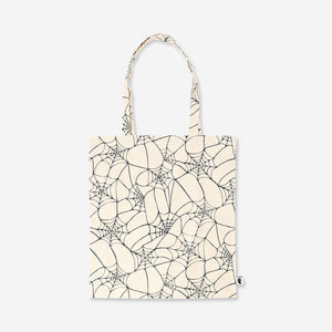 Flying Tiger Copenhagen Halloween tote bag with spider web textile design, featuring spooky black and orange web patterns.