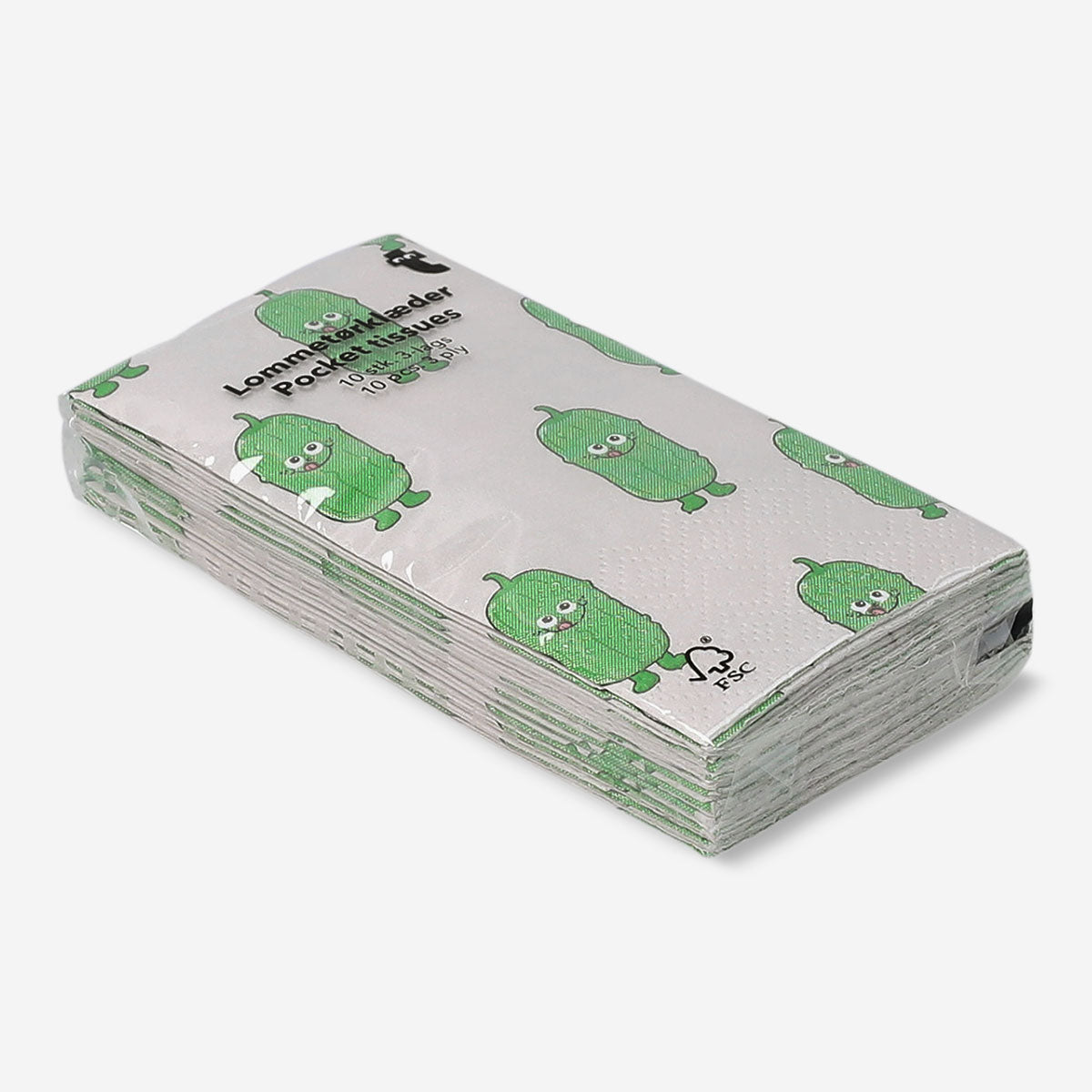 Pocket tissues with pickle design from Flying Tiger Copenhagen, 10-pack, featuring colorful pickle illustrations on soft tissue paper.