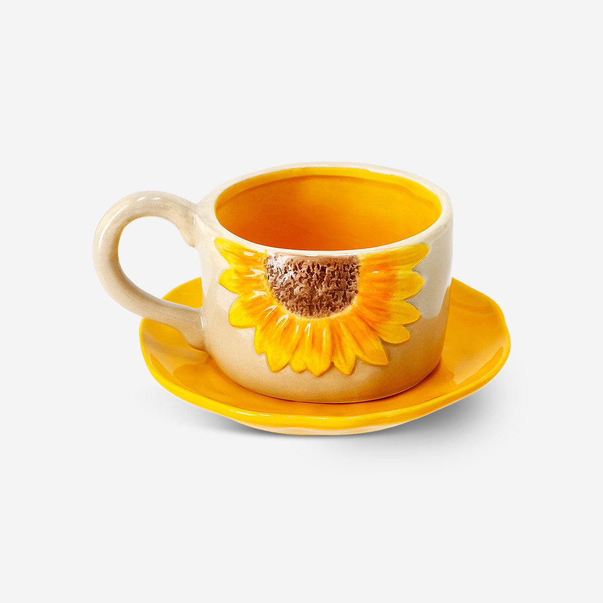 Flying Tiger Copenhagen 160 ml mug with embossed sunflower design and matching saucer for kitchen use.