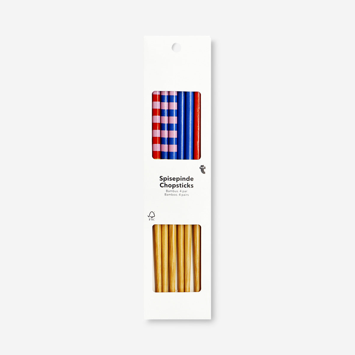 Colorful wooden chopsticks set with four pieces from Flying Tiger Copenhagen, ideal for kitchen use and Asian cuisine.