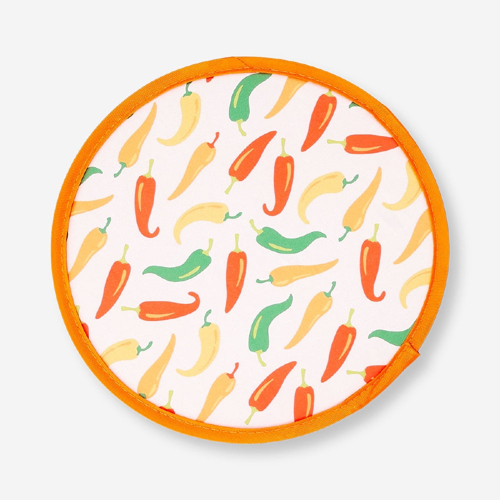 Foldable textile fan with Chilli print by Flying Tiger Copenhagen, showing colorful fabric and compact design.