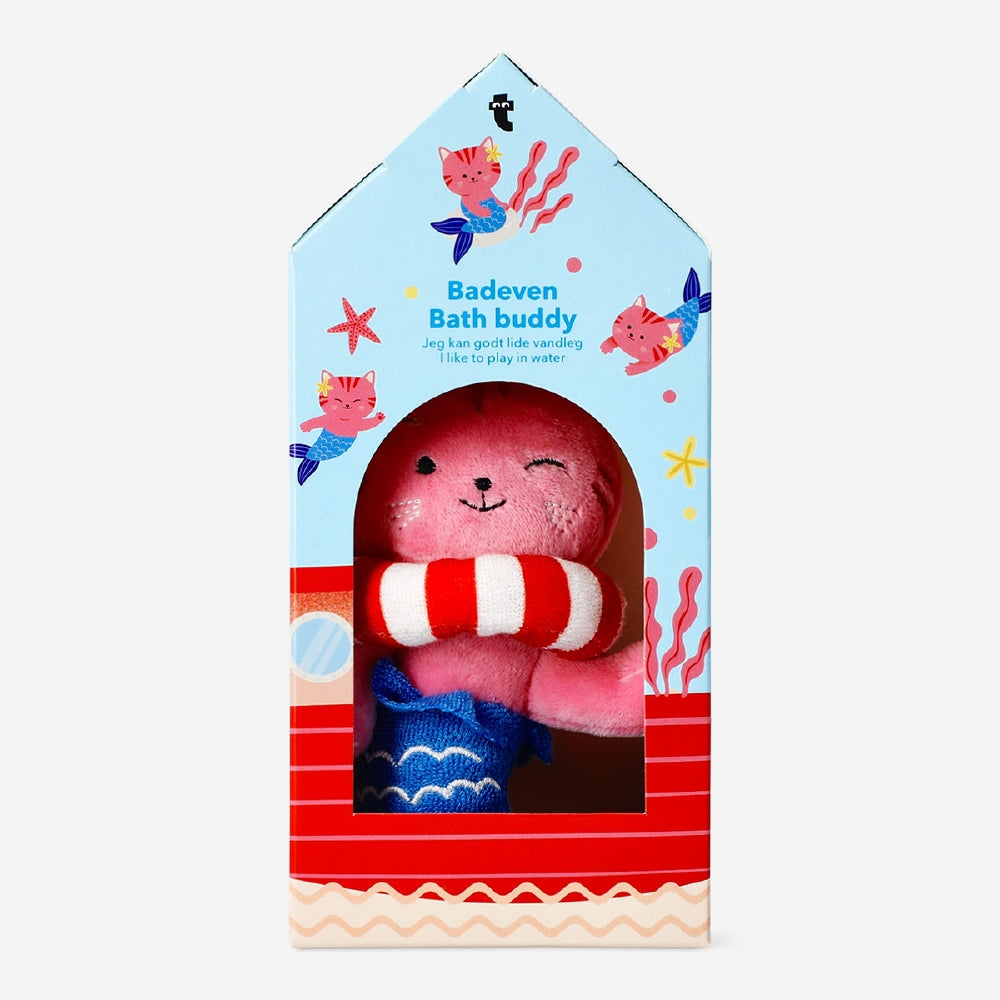 Cat mermaid bath buddy toy from Flying Tiger Copenhagen, featuring a colorful cat-shaped plush with mermaid fins for bath fun.