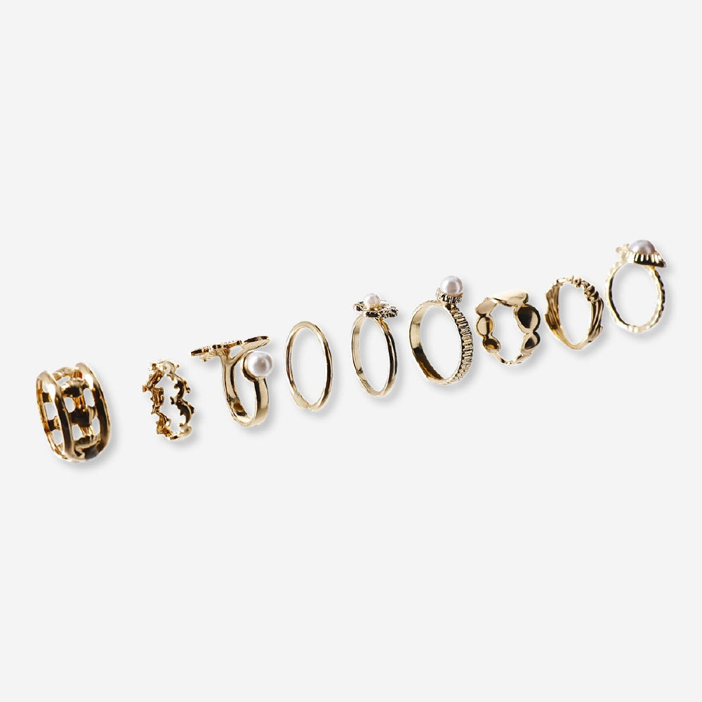 Set of nine adjustable textile rings featuring sea icon designs from Flying Tiger Copenhagen arranged on a neutral background.
