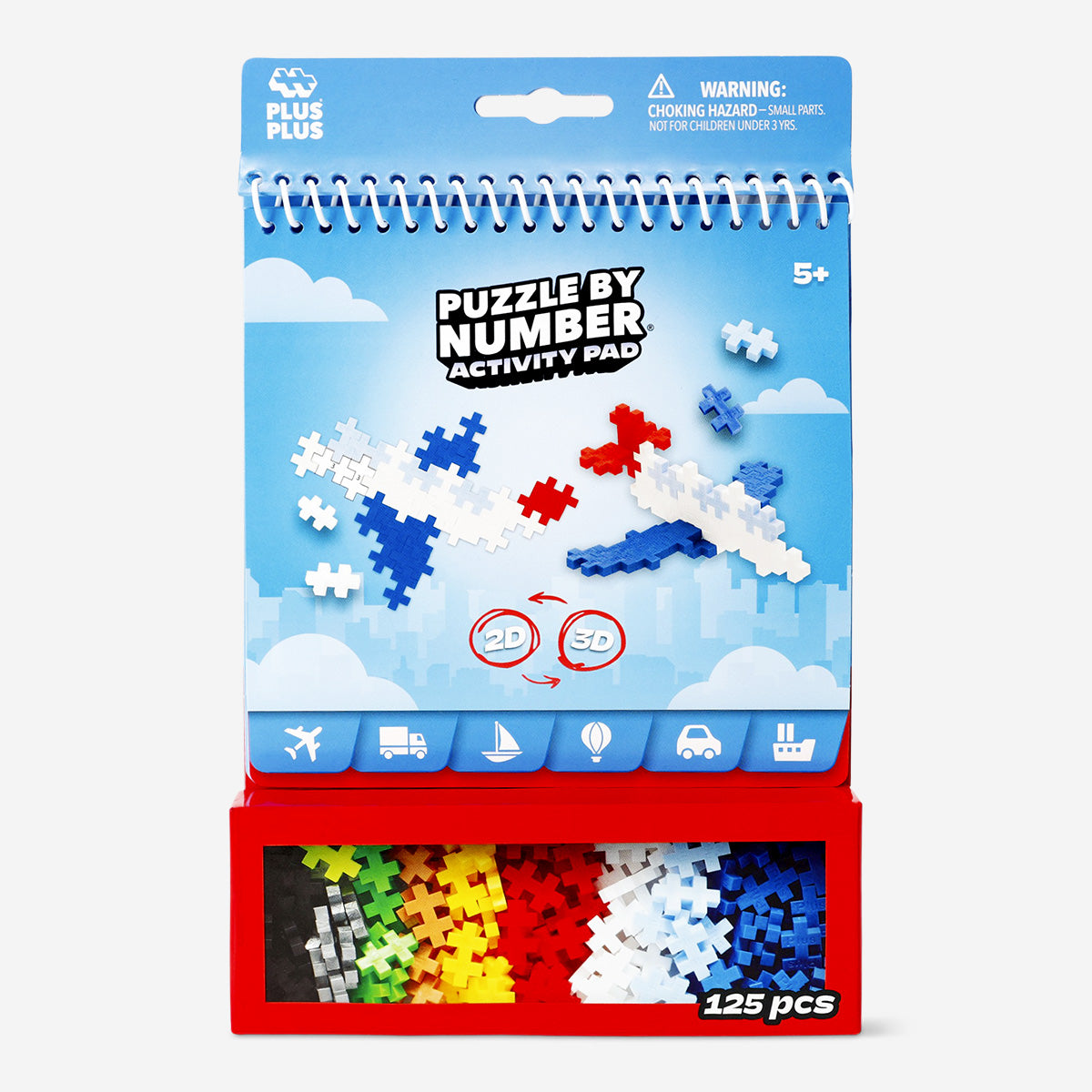 Flying Tiger Copenhagen transportation activity toy book featuring Plus Plus building blocks for creative play.