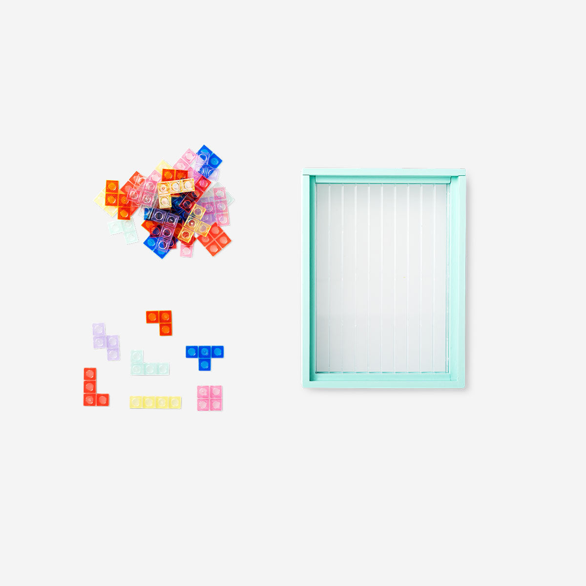 Flying Tiger Copenhagen 3D block puzzle game in frame, featuring colorful interlocking wooden blocks for creative play and display.