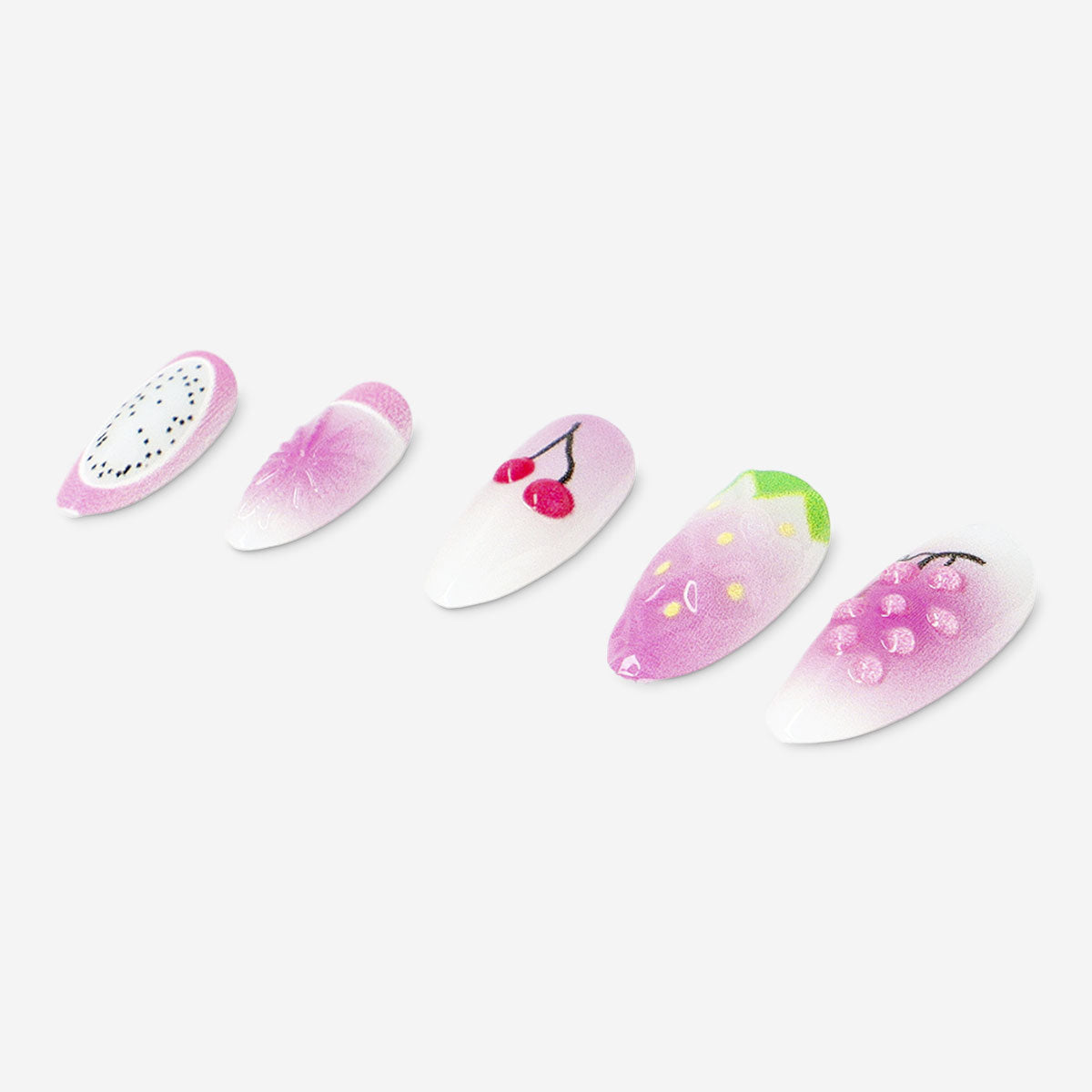Flying Tiger Copenhagen press-on nails with berry design, showcasing colorful, stylish nail art for personal care.