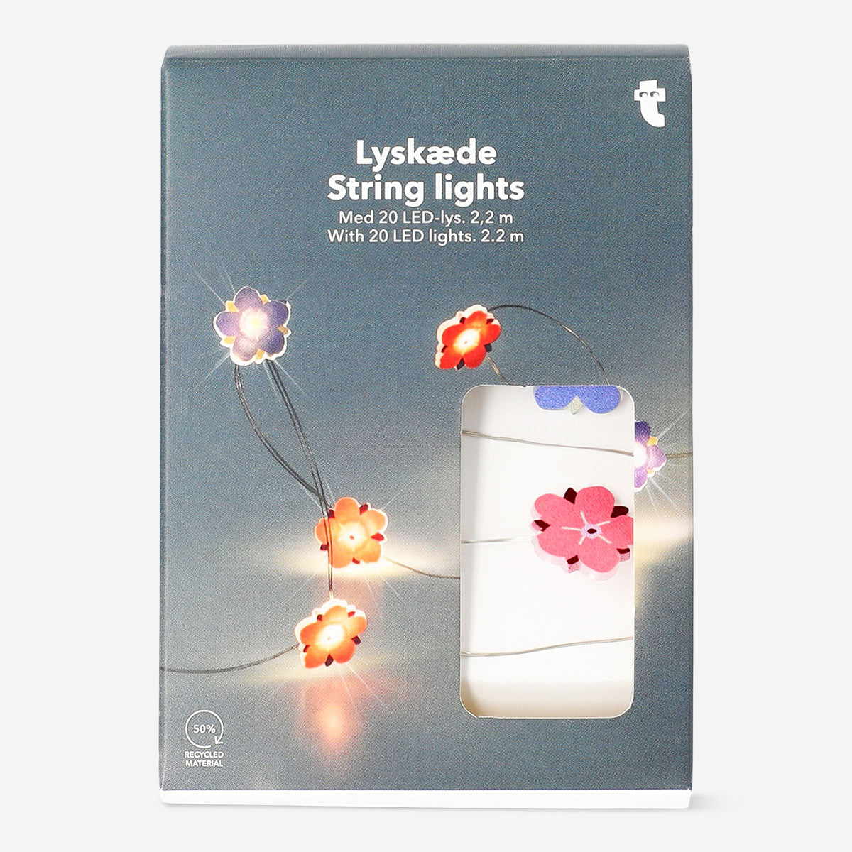 Flying Tiger Copenhagen purple and pink flower string lights, decorative home lighting with floral design.