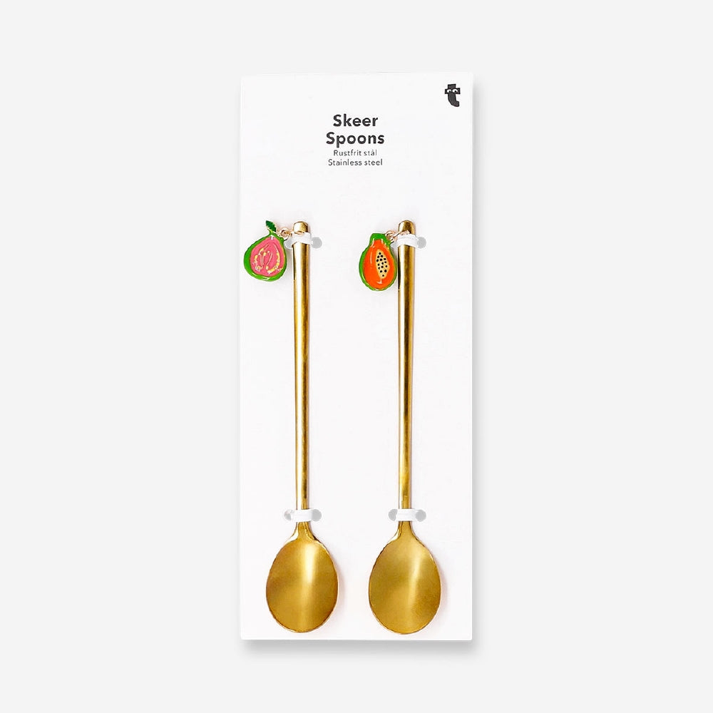 Two gold dessert spoons with fruit-shaped decoration from Flying Tiger Copenhagen, perfect for elegant kitchen serving.
