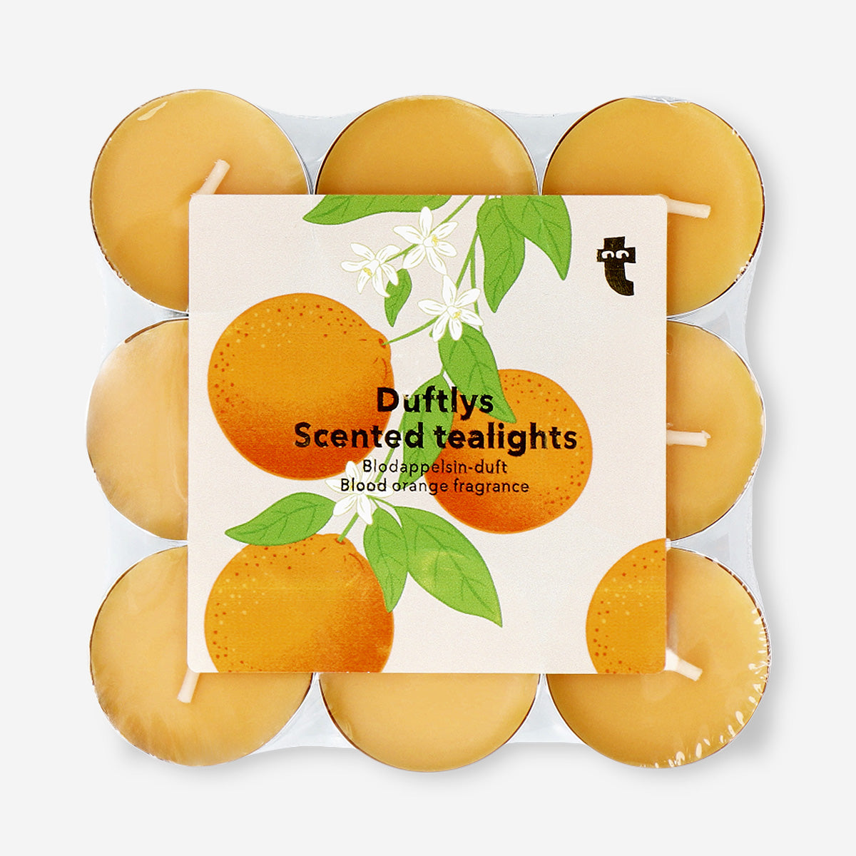 Set of 18 blood orange scented tealights for home ambiance by Flying Tiger Copenhagen, shown in a decorative holder.