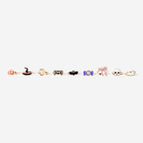 Set of nine adjustable children's textile rings with Halloween themed designs, featuring colorful fabric and playful patterns.
