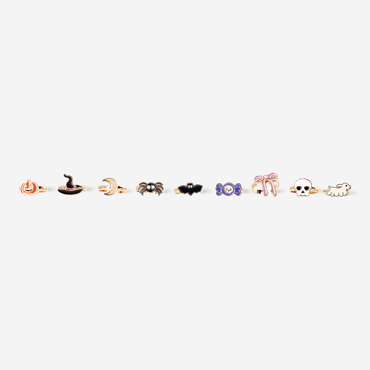 Set of nine adjustable children's textile rings with Halloween themed designs, featuring colorful fabric and playful patterns.