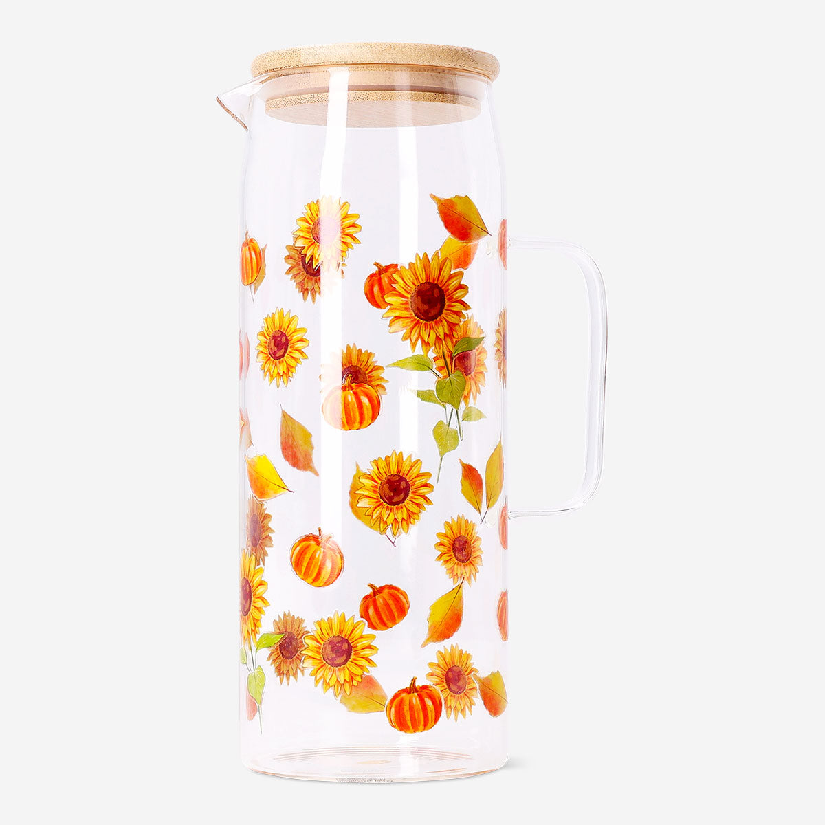 Glass jug with sunflower print, 1.15L capacity, perfect for kitchen use, by Flying Tiger Copenhagen.