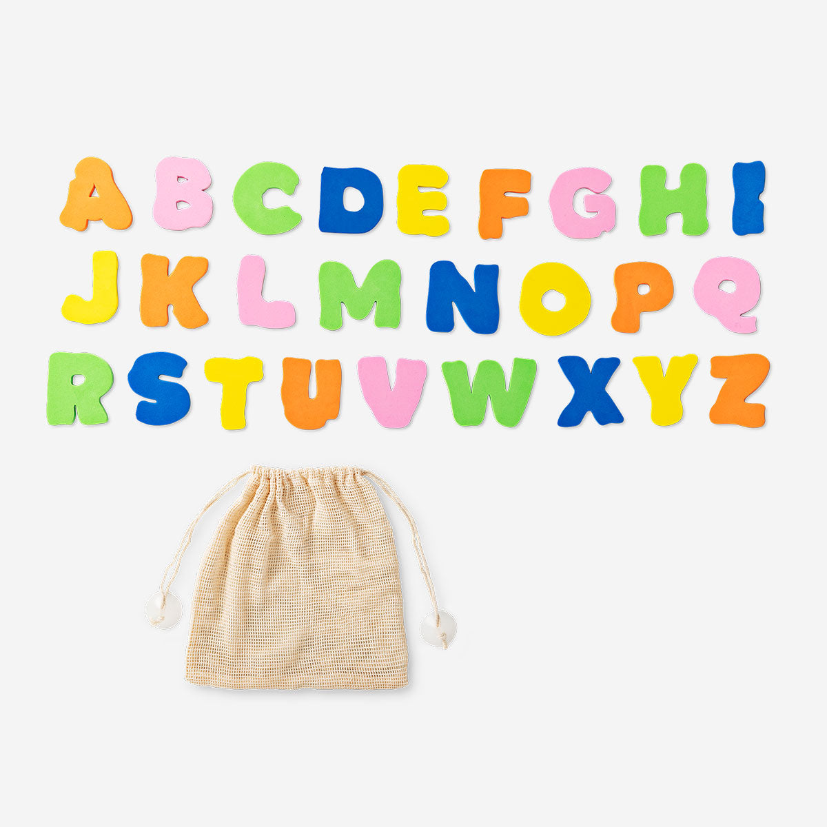 Colorful Flying Tiger Copenhagen bath letters A-Z toy set arranged on a white background for educational and playtime fun.