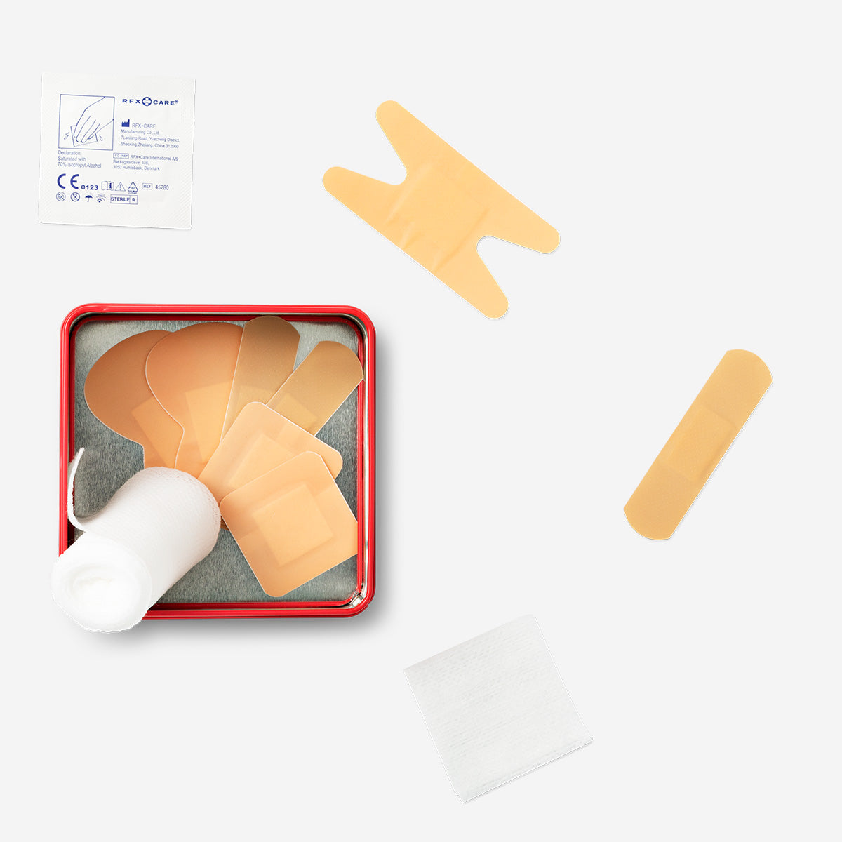 Flying Tiger Copenhagen first aid kit in a tin box with 23 personal care medical supplies, compact and portable.