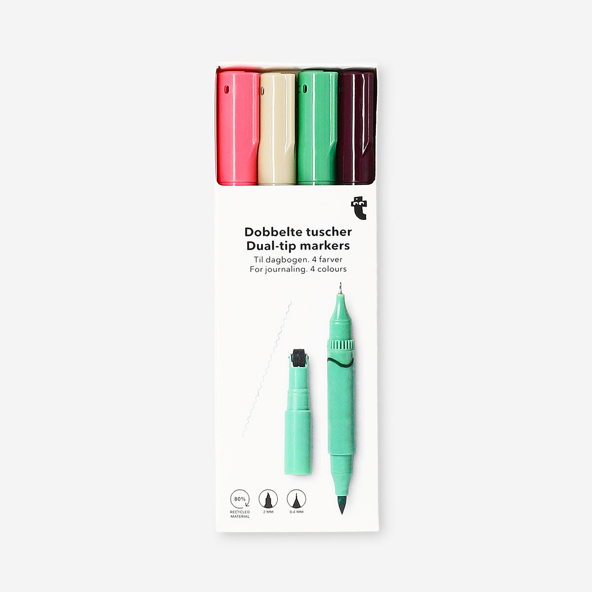 Set of four Flying Tiger Copenhagen dual-tip markers for journaling with colorful ink and fine and broad tips.
