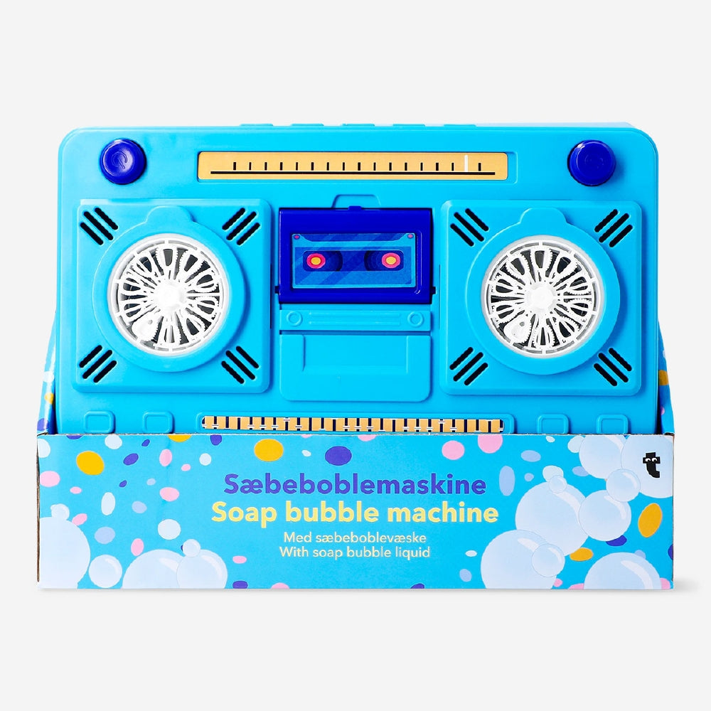 Flying Tiger Copenhagen soap bubble machine toy with tape recorder design, colorful plastic with bubble solution and playful features.