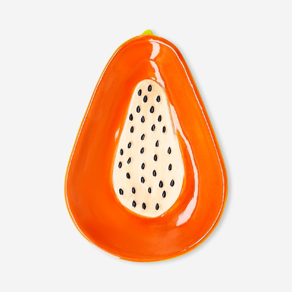 Flying Tiger Copenhagen 19cm papaya-shaped kitchen plate with vibrant orange and green design, perfect for serving food.