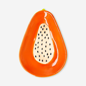 Flying Tiger Copenhagen papaya-shaped kitchen plate, 19 cm diameter, white ceramic with detailed fruit design.