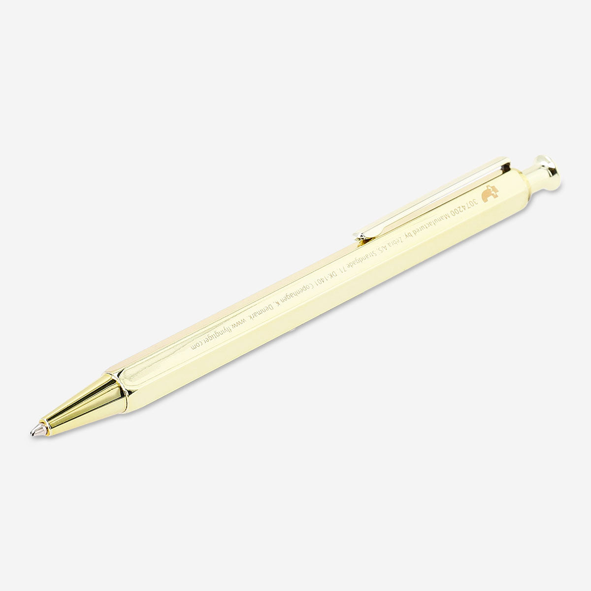 Gold ballpoint pen from Flying Tiger Copenhagen, sleek office writing instrument with a shiny metallic finish.