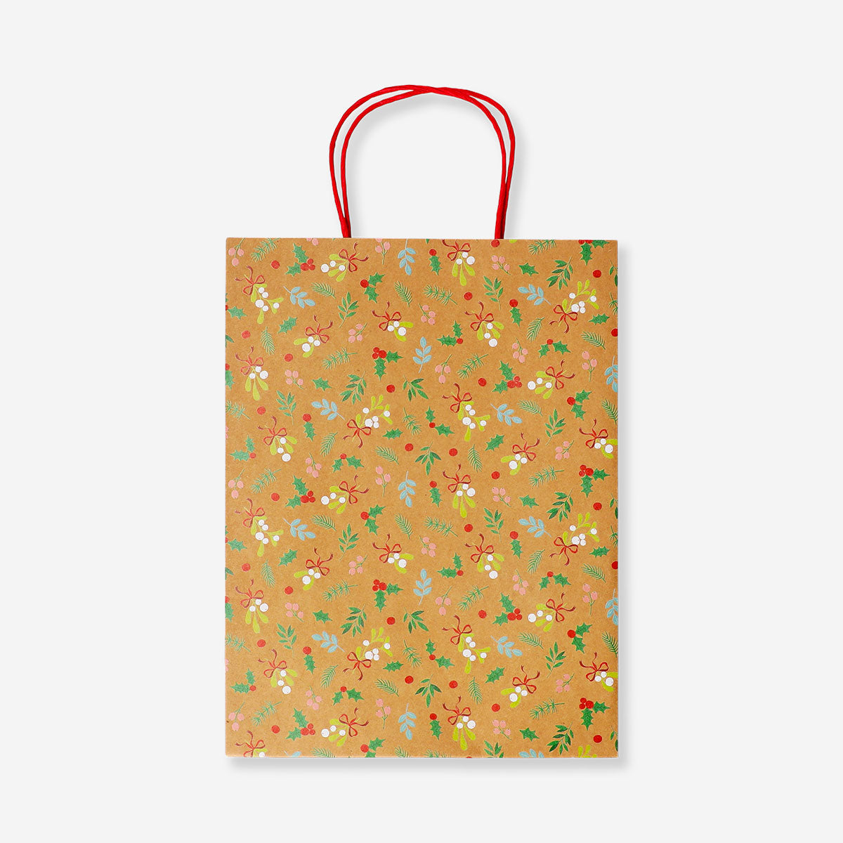 Office gift bag with Christmas branches print from Flying Tiger Copenhagen, featuring festive holiday design with red and green foliage.