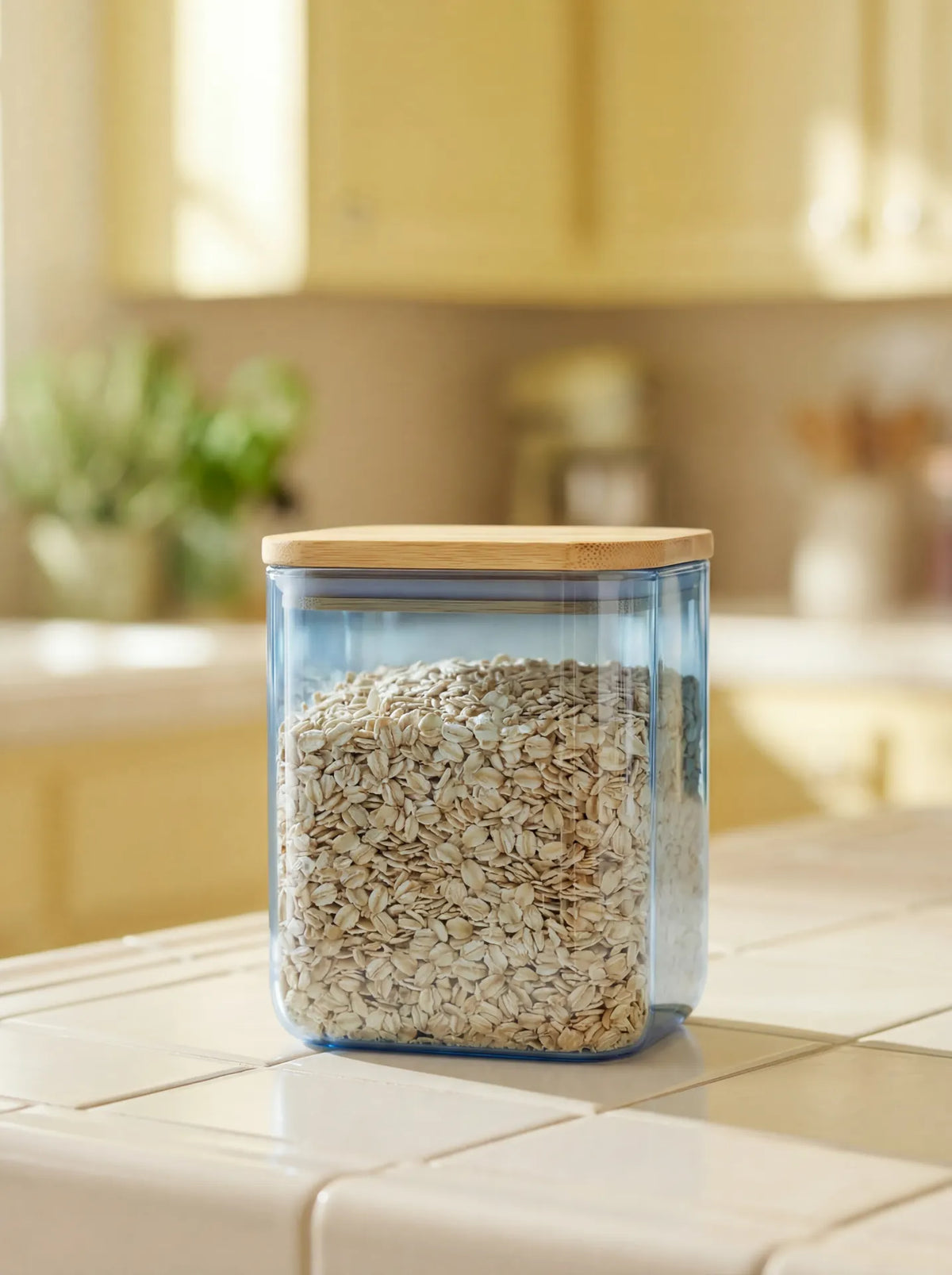 Blue glass storage container with lid from Flying Tiger Copenhagen, 1.1L kitchen storage jar for snacks or ingredients.