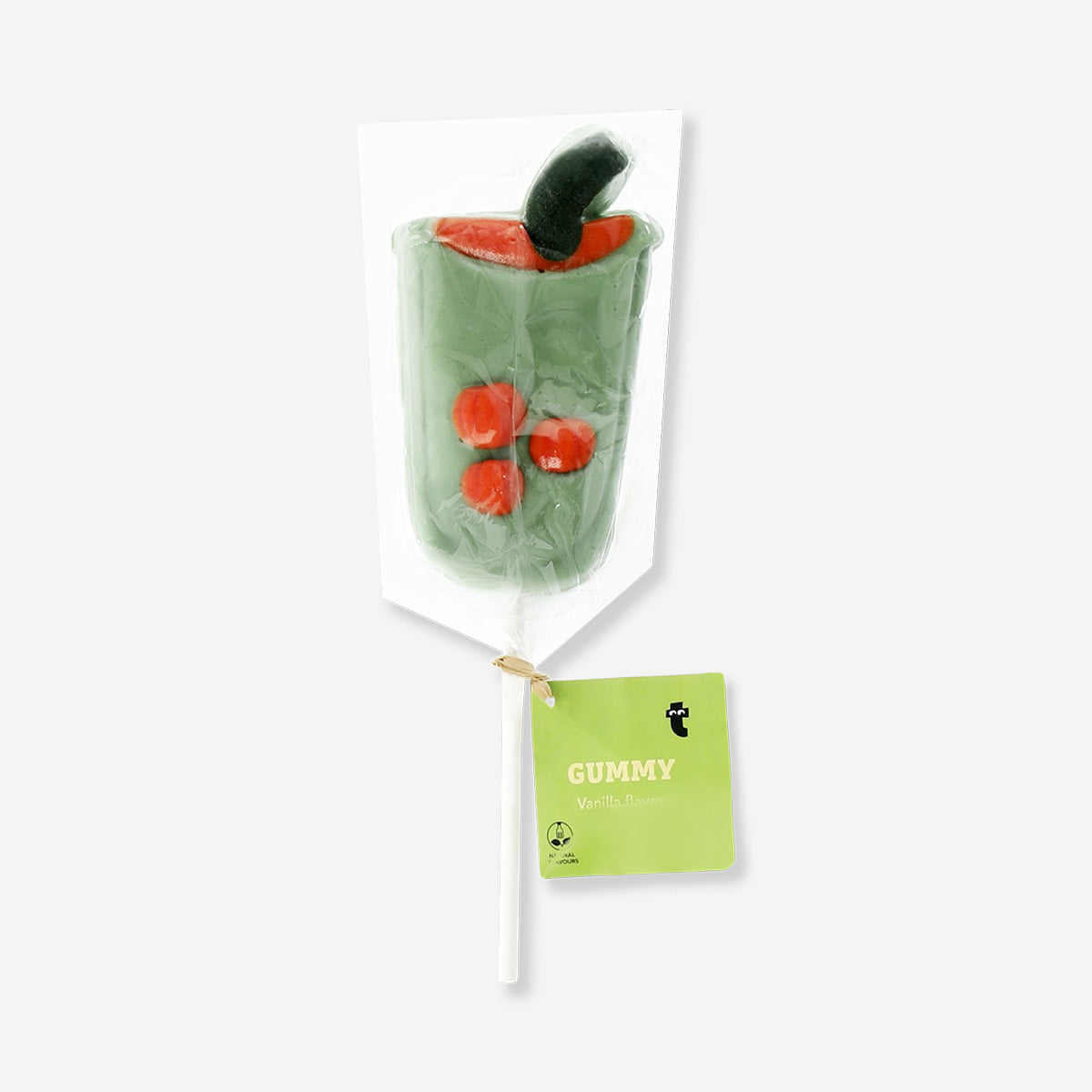 Iced matcha gummy on a stick from Flying Tiger Copenhagen, showcasing a green, matcha-flavored gummy treat on a wooden stick.