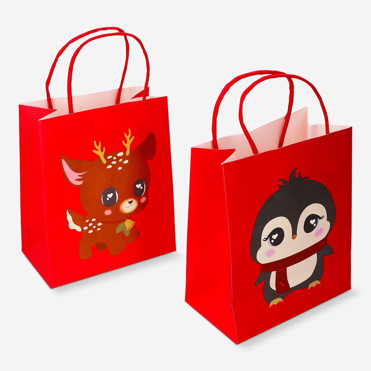 Set of two Flying Tiger Copenhagen Christmas character gift bags for office gifting, featuring festive holiday designs.