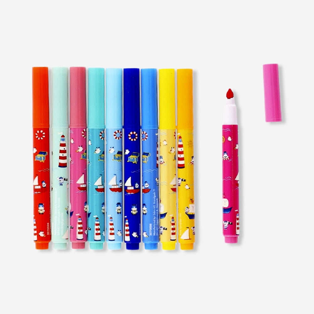 Set of 10 Flying Tiger Copenhagen office markers in a seashell-shaped pouch, colorful and ideal for writing and highlighting.